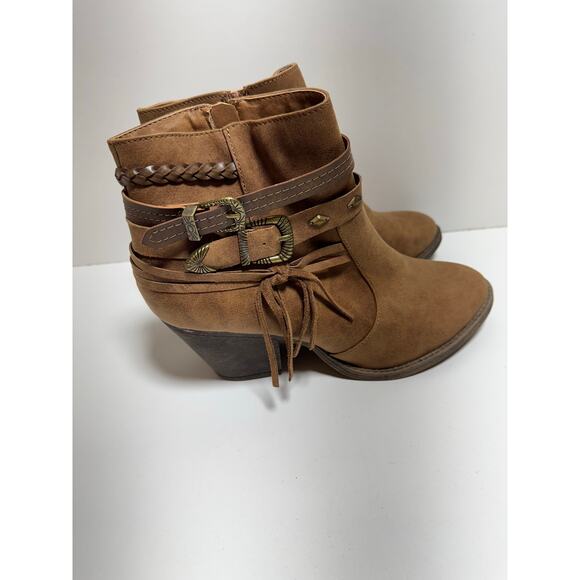 Pop Declare Women’s Sz 11 Boho Ankle Boots Camel Brown Side Zip 3” Block Heel - Picture 1 of 10